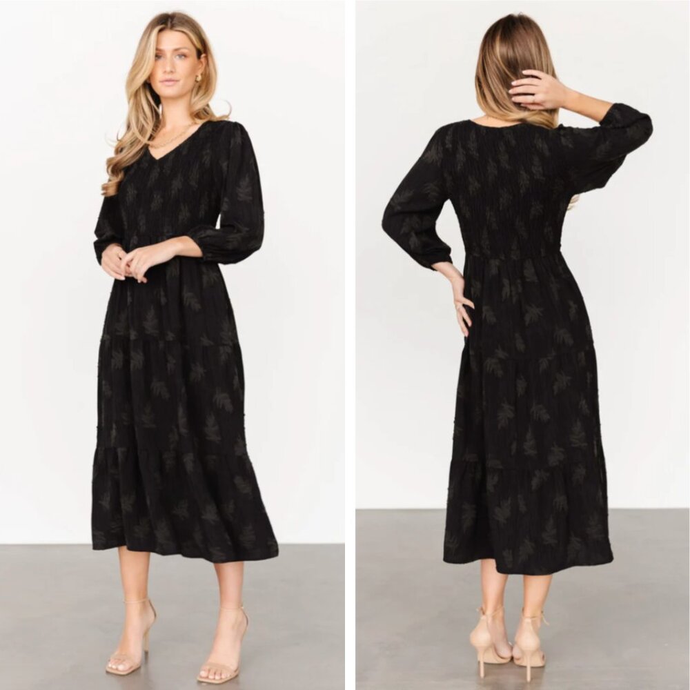 Baltic Born Black Midi Dress with Subtle Leaf Print